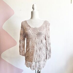 Crochet Lace Top Women's Beige Coachella Festival Boho Bohemian Small
